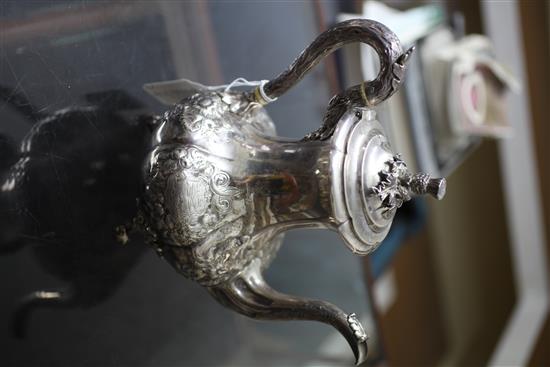 PAUL STORR. A William IV silver coffee pot, spirit stand with burner and a matching teapot, gross 74 oz.
